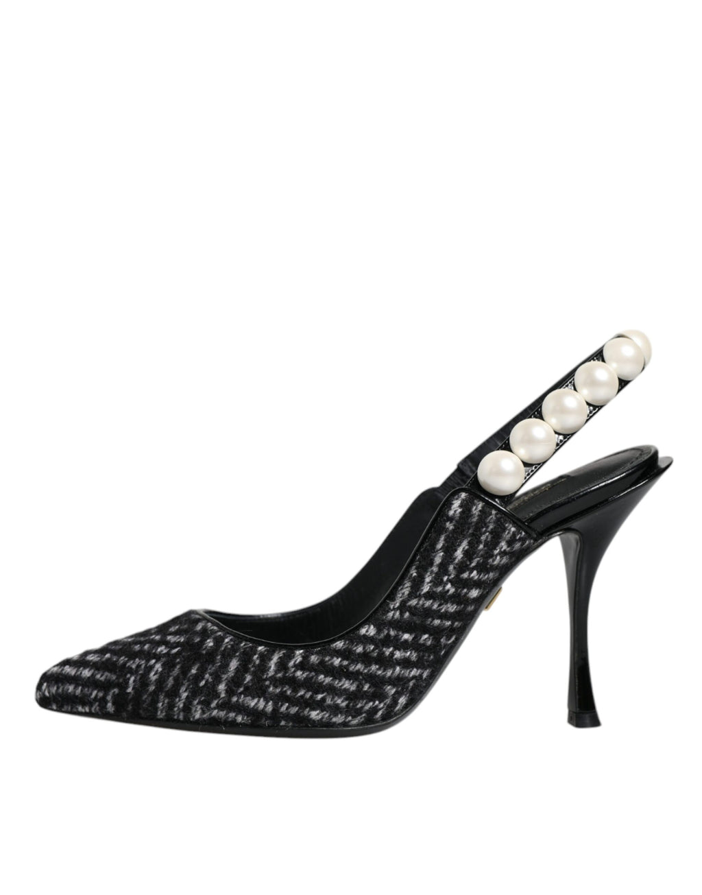Weiß-schwarze Slingback-Schuhe mit Chevron-Faux-Perlen