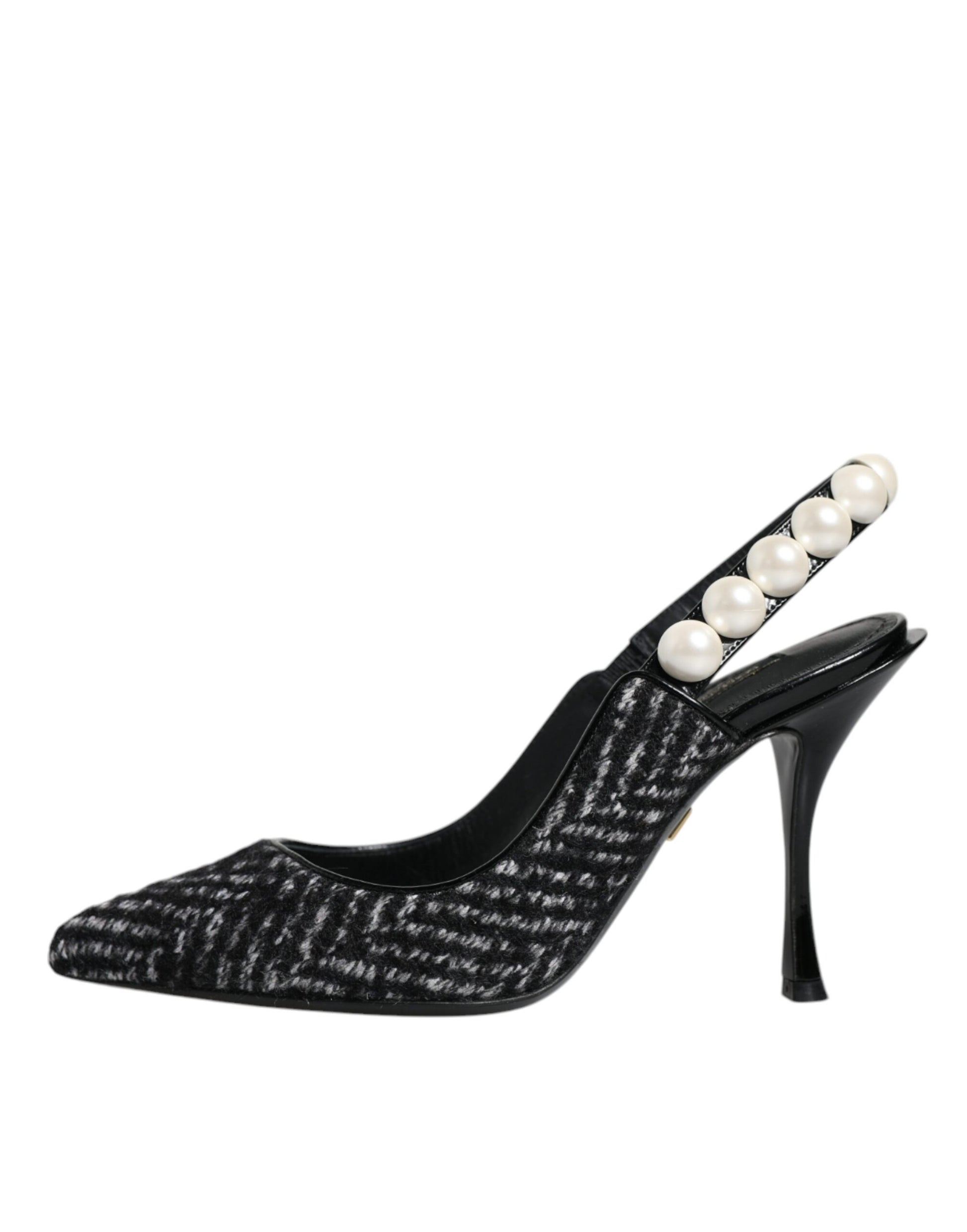 Weiß-schwarze Slingback-Schuhe mit Chevron-Faux-Perlen