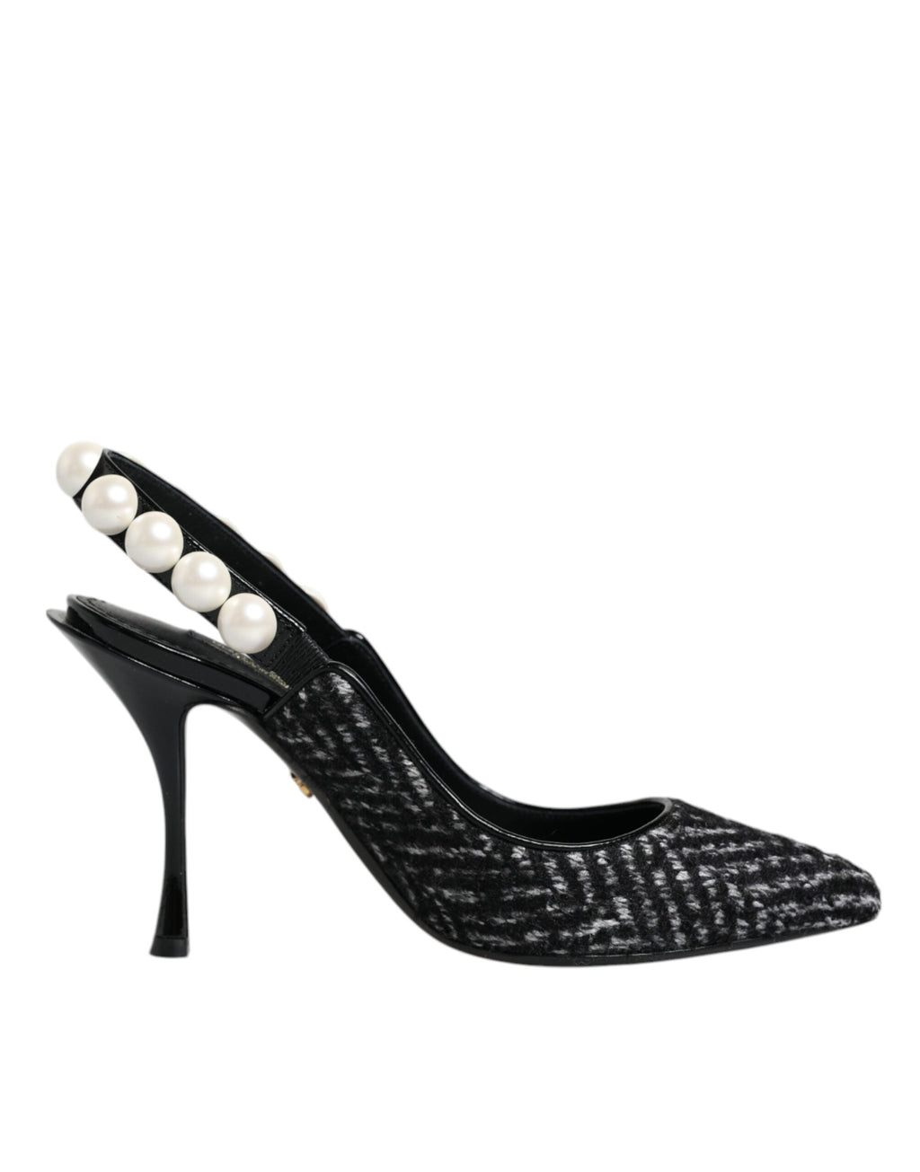 Weiß-schwarze Slingback-Schuhe mit Chevron-Faux-Perlen