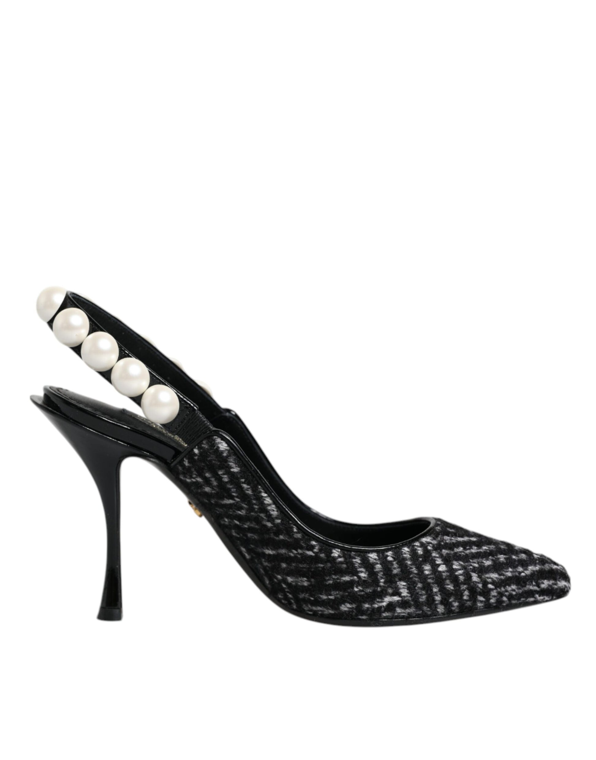 Weiß-schwarze Slingback-Schuhe mit Chevron-Faux-Perlen