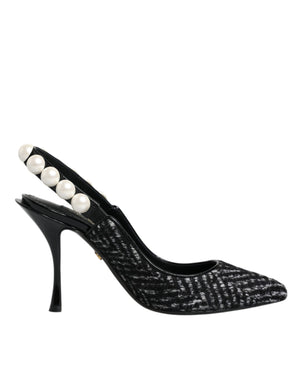 Weiß-schwarze Slingback-Schuhe mit Chevron-Faux-Perlen