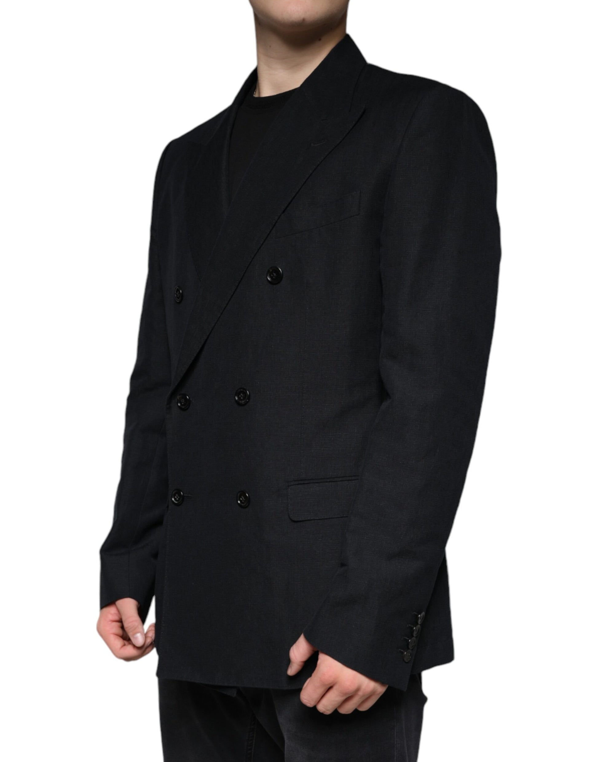 Schwarzer zweireihiger Blazer aus Leinen