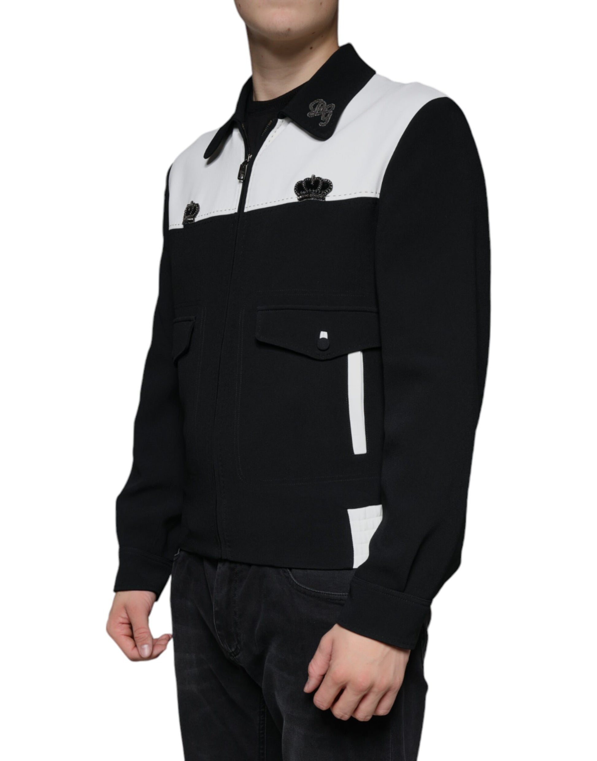 Schwarz-weiße DG Crown Blousonjacke mit durchgehendem Reißverschluss
