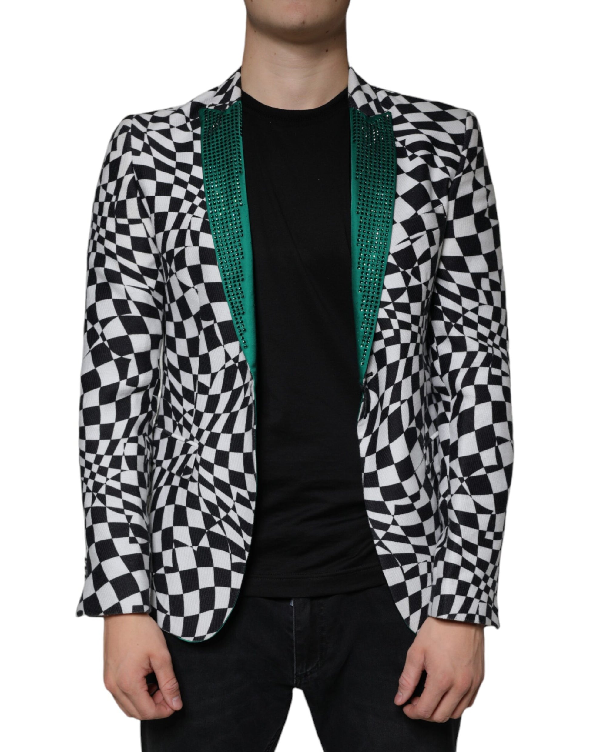 Schwarz-weiß karierter Einreiher-Blazer mit Kristallen