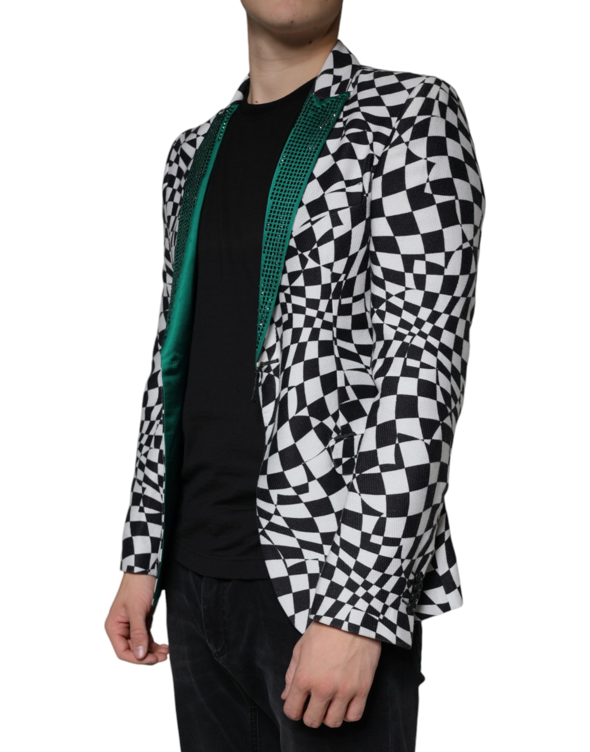 Schwarz-weiß karierter Einreiher-Blazer mit Kristallen