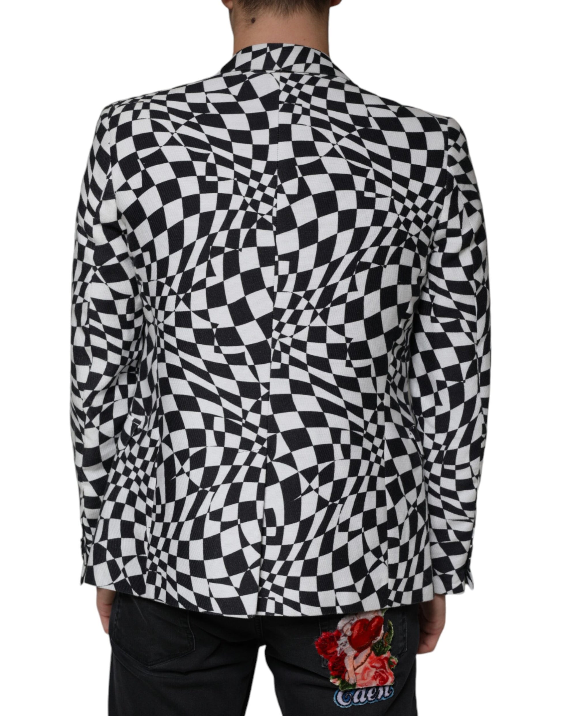 Schwarz-weiß karierter Einreiher-Blazer mit Kristallen