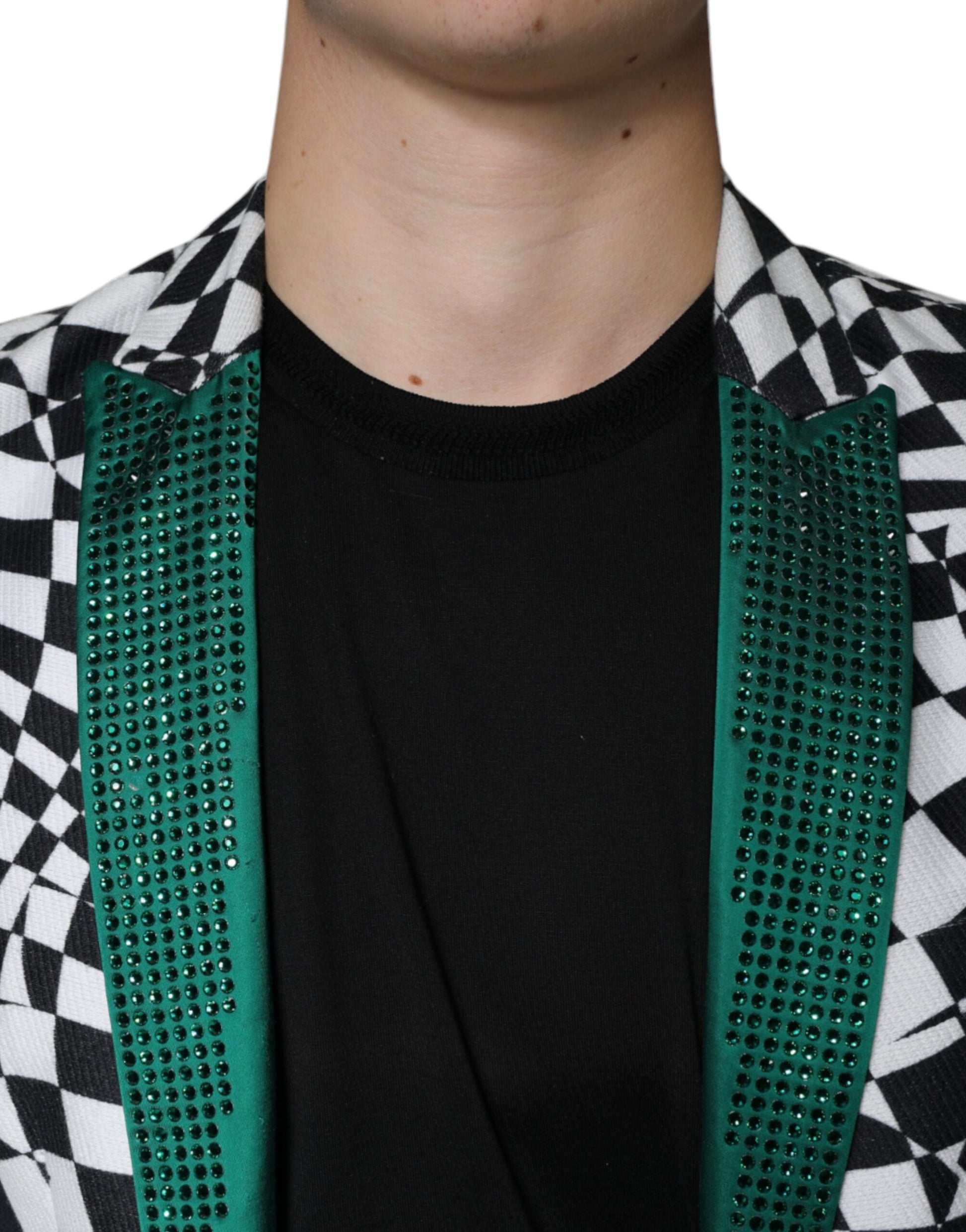 Schwarz-weiß karierter Einreiher-Blazer mit Kristallen