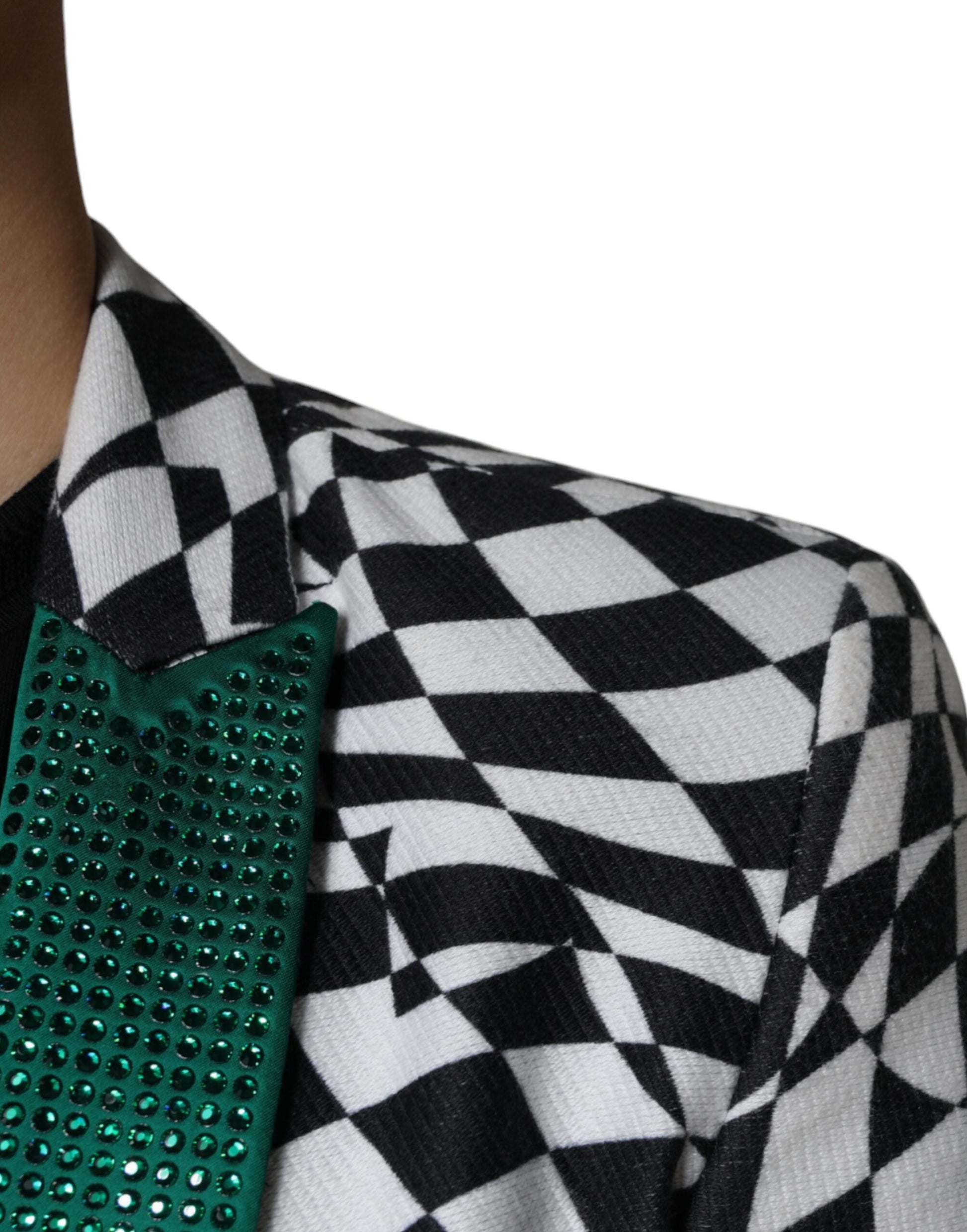 Schwarz-weiß karierter Einreiher-Blazer mit Kristallen