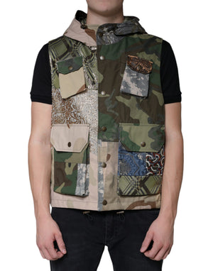 Mehrfarbige Patchwork-Weste mit Kapuze