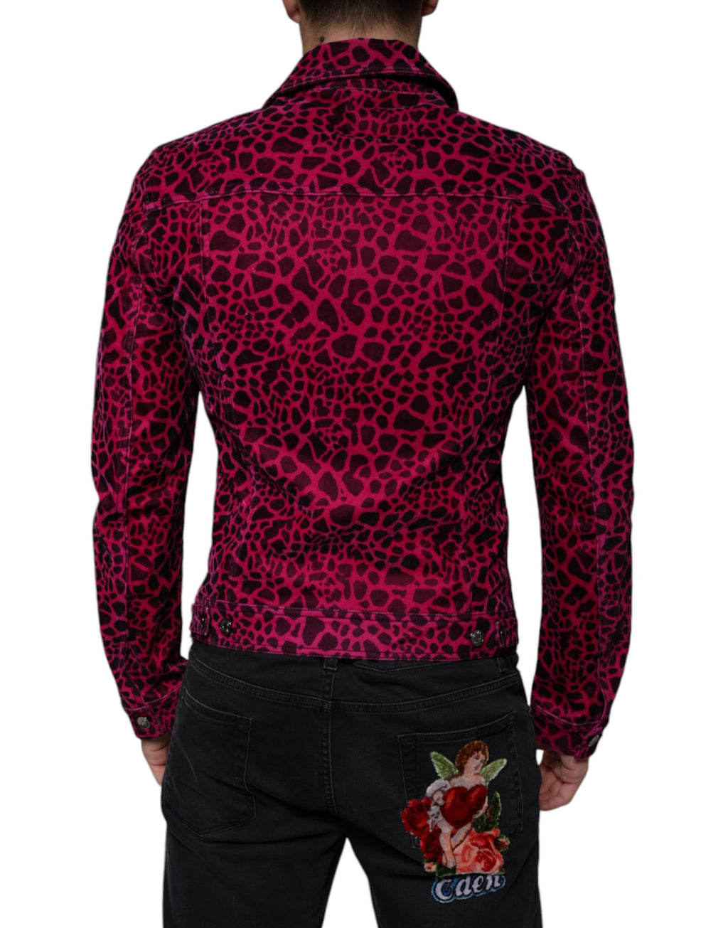 Fuchsiafarbene Jacke mit Leopardenmuster und Button-Down-Kragen