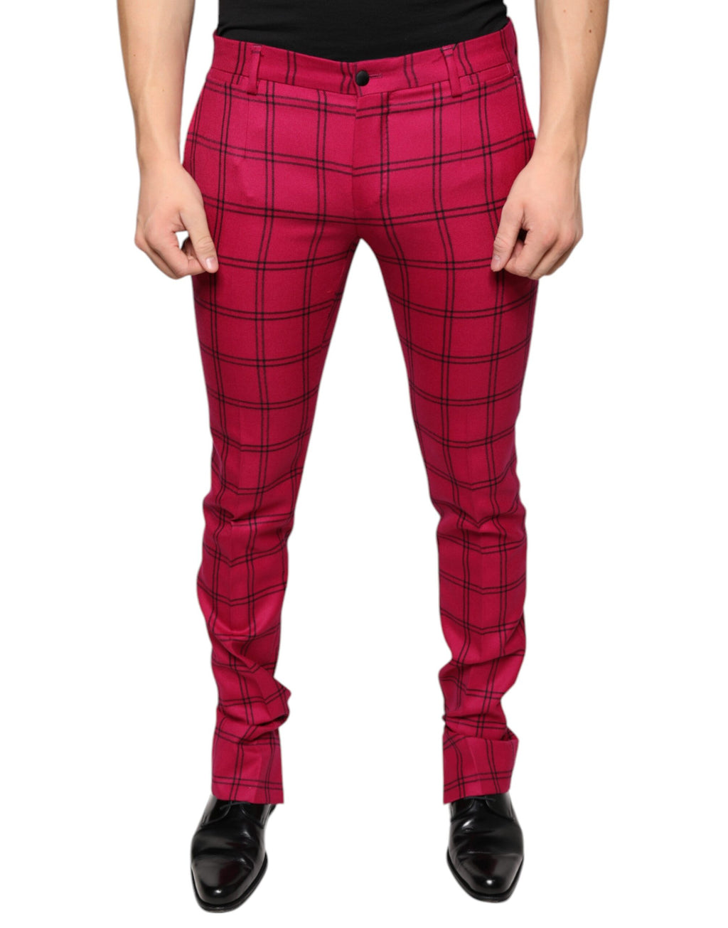 Pink karierte Skinny-Hose aus Wolle