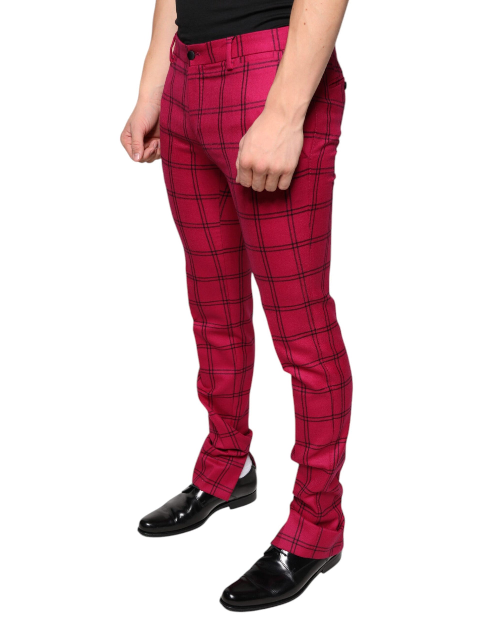 Pink karierte Skinny-Hose aus Wolle