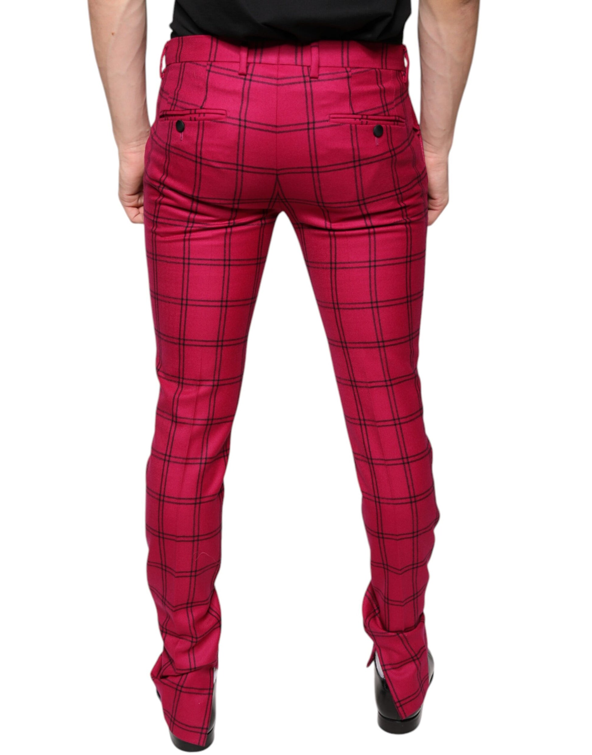 Pink karierte Skinny-Hose aus Wolle