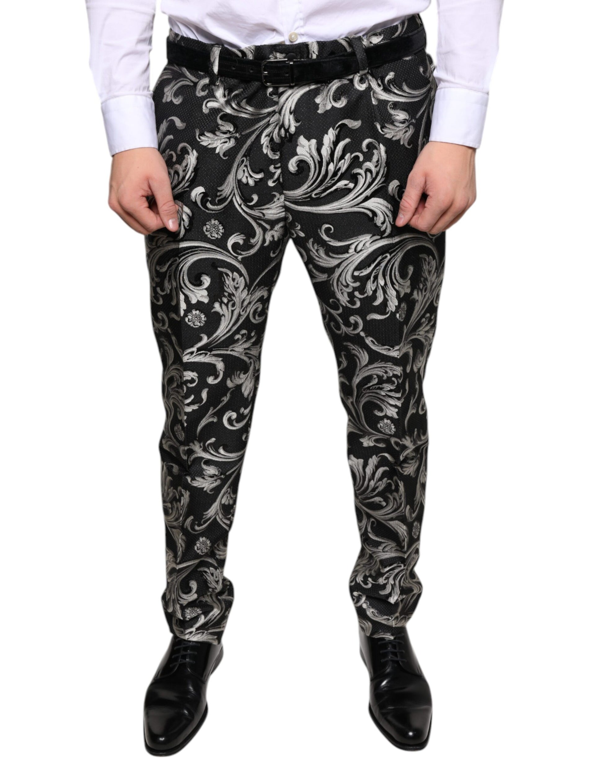 Schwarze, enge Anzughose aus Jacquard