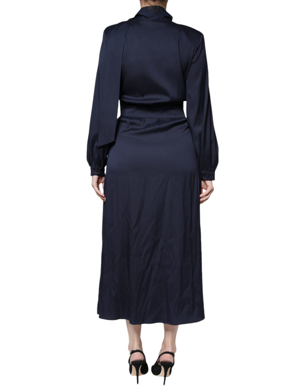 Dunkelblaues, langärmliges, plissiertes Maxikleid in A-Linie