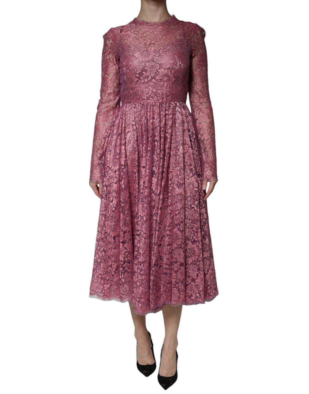 Fuchsiafarbenes Maxikleid mit Blumenspitze und langen Ärmeln