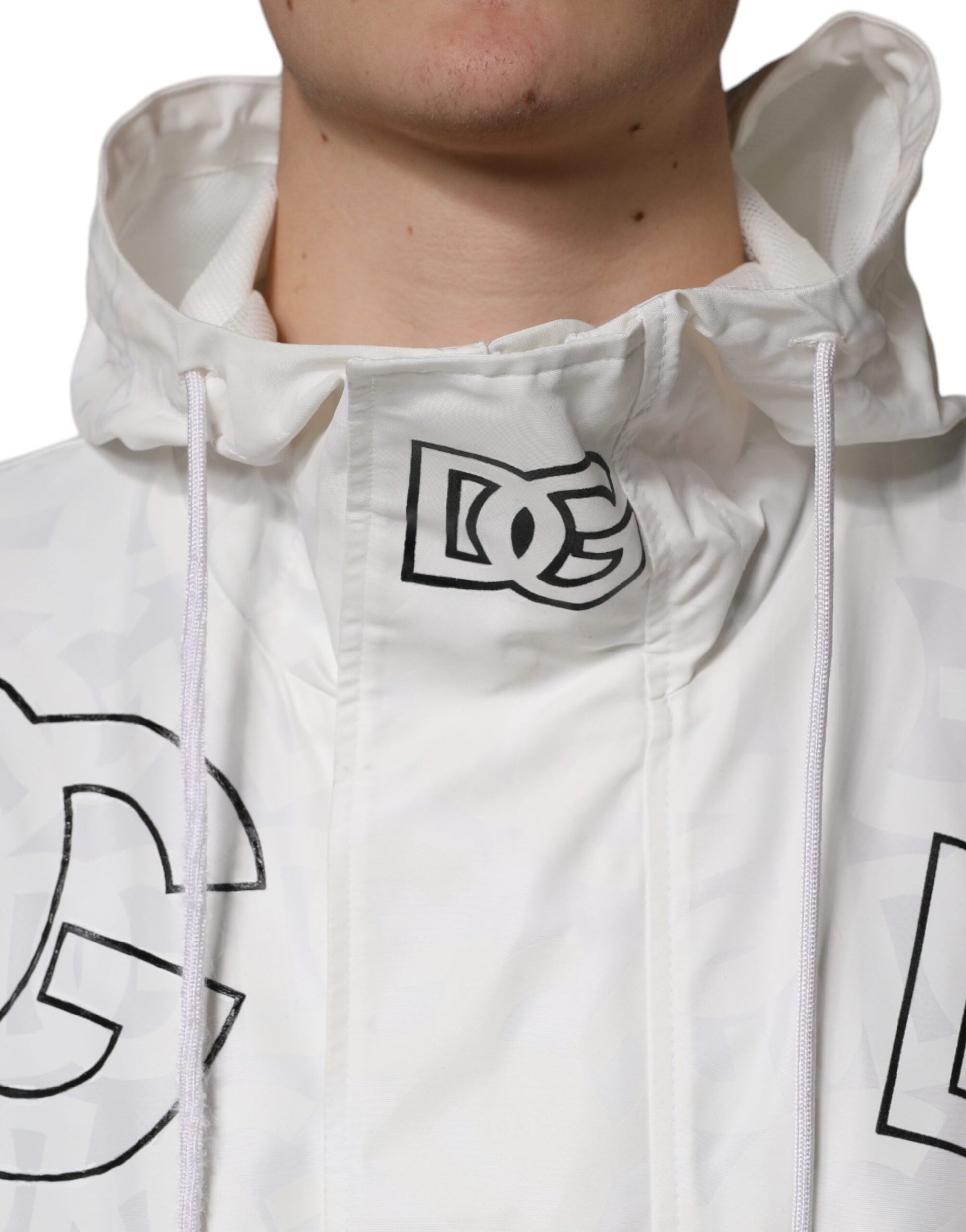 Weiße Parka-Trenchcoatjacke aus Polyester mit Kapuze