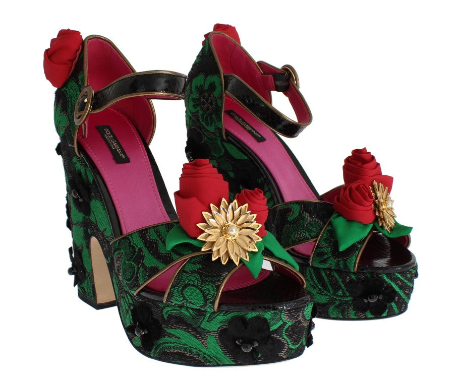 Grüne Brokat Schlangenhaut Rosen Kristall Schuhe