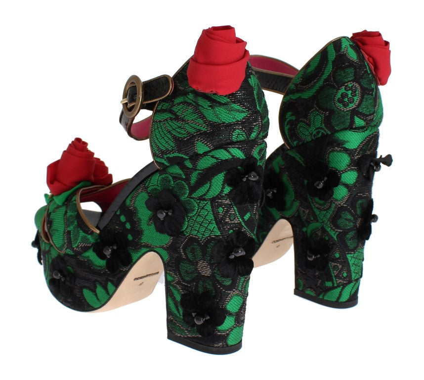 Grüne Brokat Schlangenhaut Rosen Kristall Schuhe