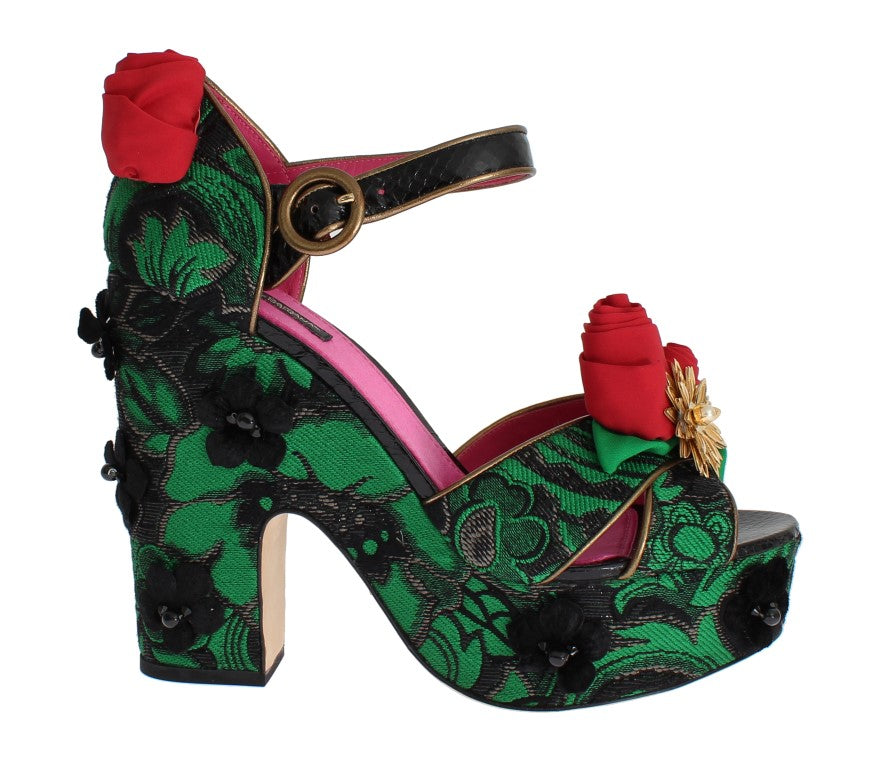Grüne Brokat Schlangenhaut Rosen Kristall Schuhe