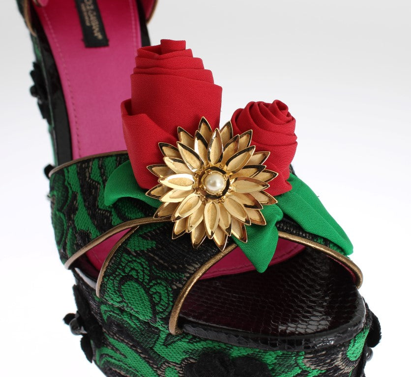 Grüne Brokat Schlangenhaut Rosen Kristall Schuhe