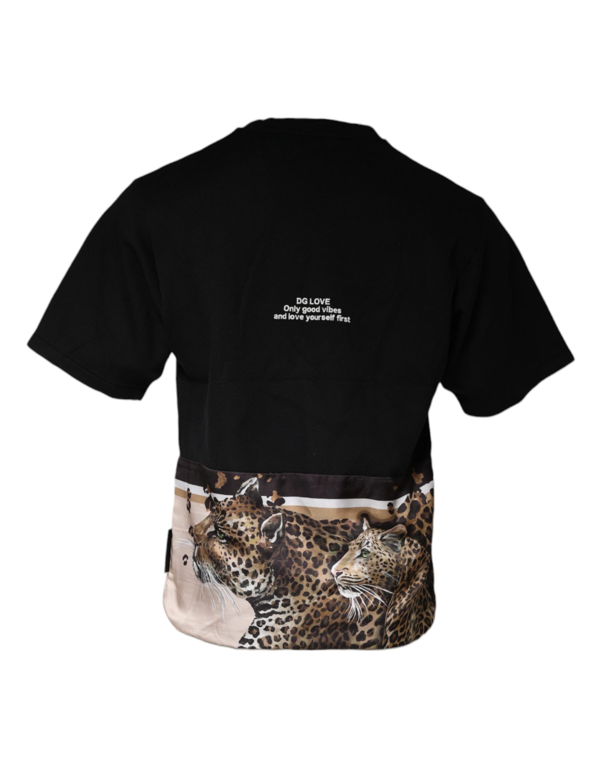 Schwarzes Kurzarm-T-Shirt aus Baumwolle mit Leopardenmuster