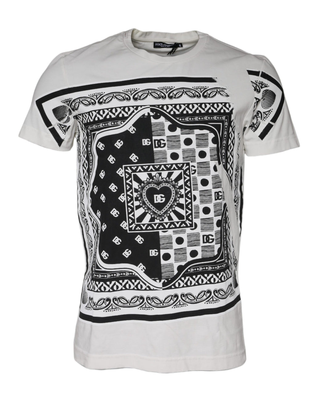 Weißes Baumwoll-T-Shirt mit kurzen Ärmeln und Bandana-Print