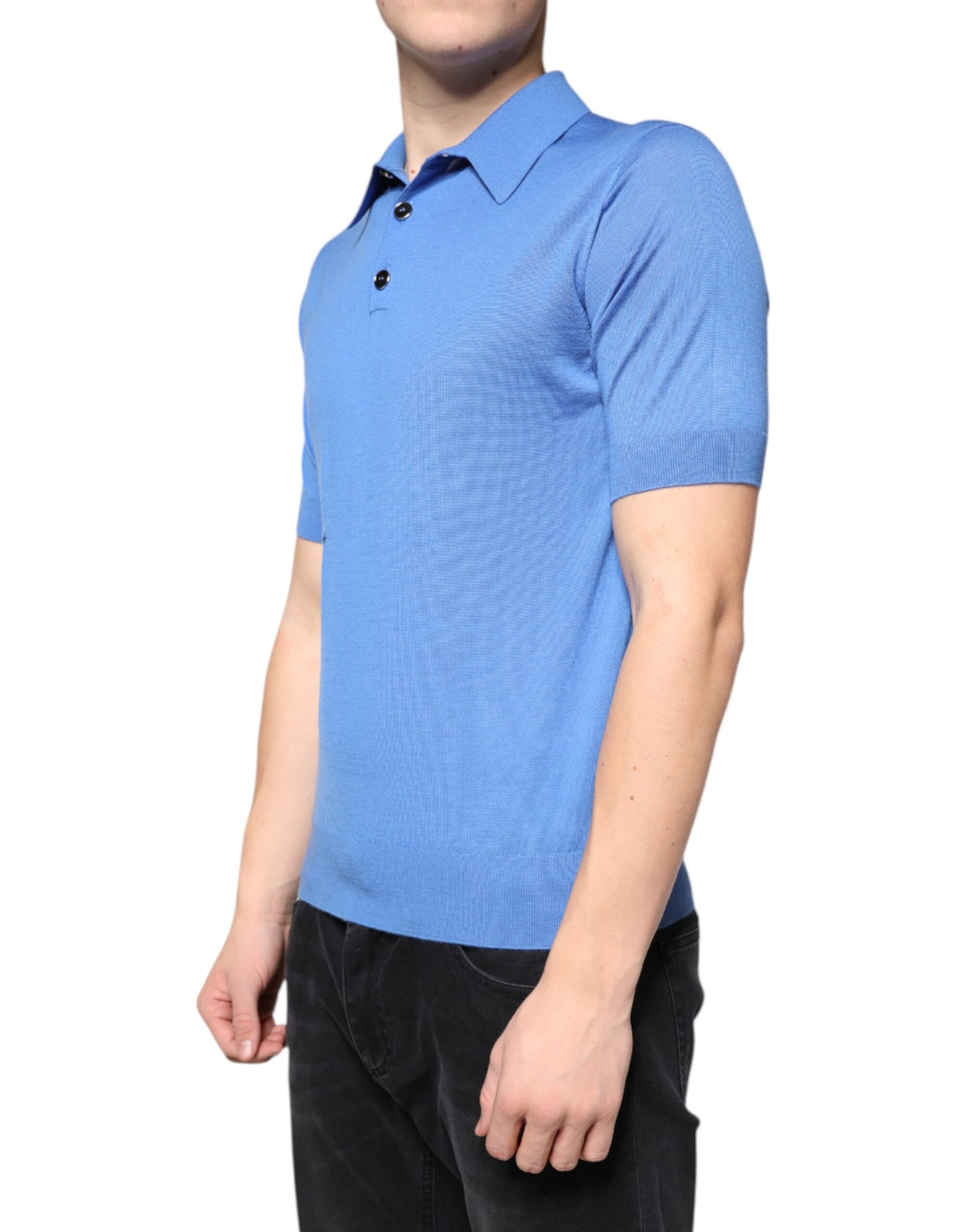 Blaues Poloshirt aus Kaschmir mit kurzen Ärmeln für Herren