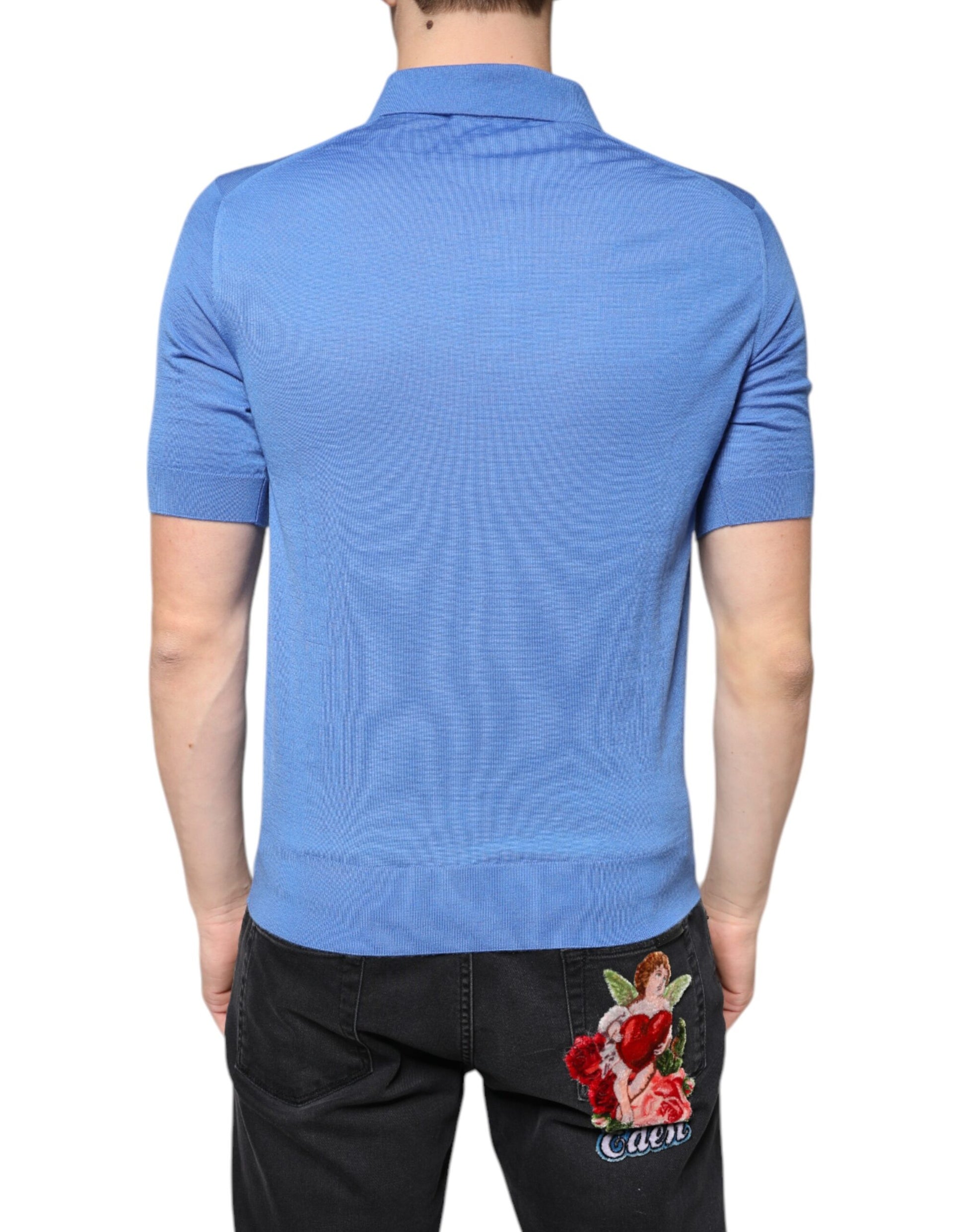 Blaues Poloshirt aus Kaschmir mit kurzen Ärmeln für Herren