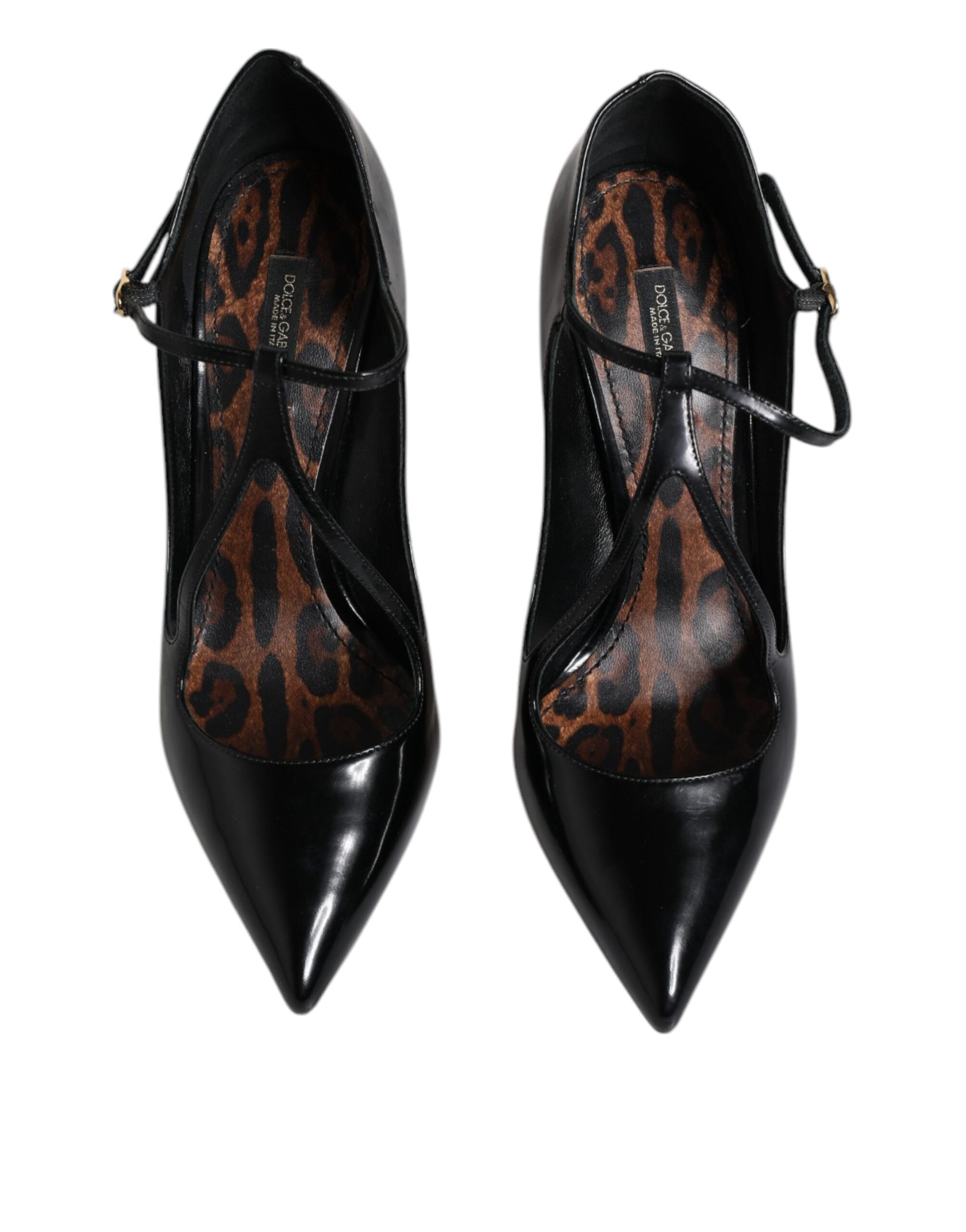 Schwarze Lederschuhe mit T-Riemen und Stilettoabsatz
