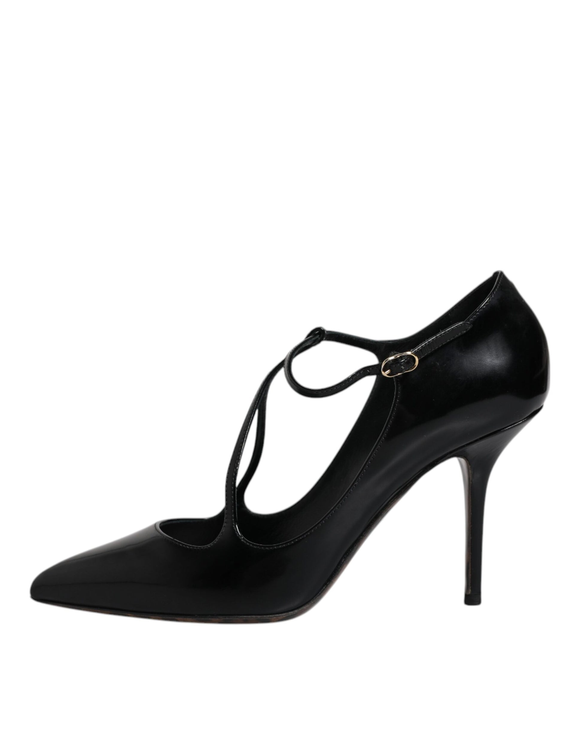 Schwarze Lederschuhe mit T-Riemen und Stilettoabsatz