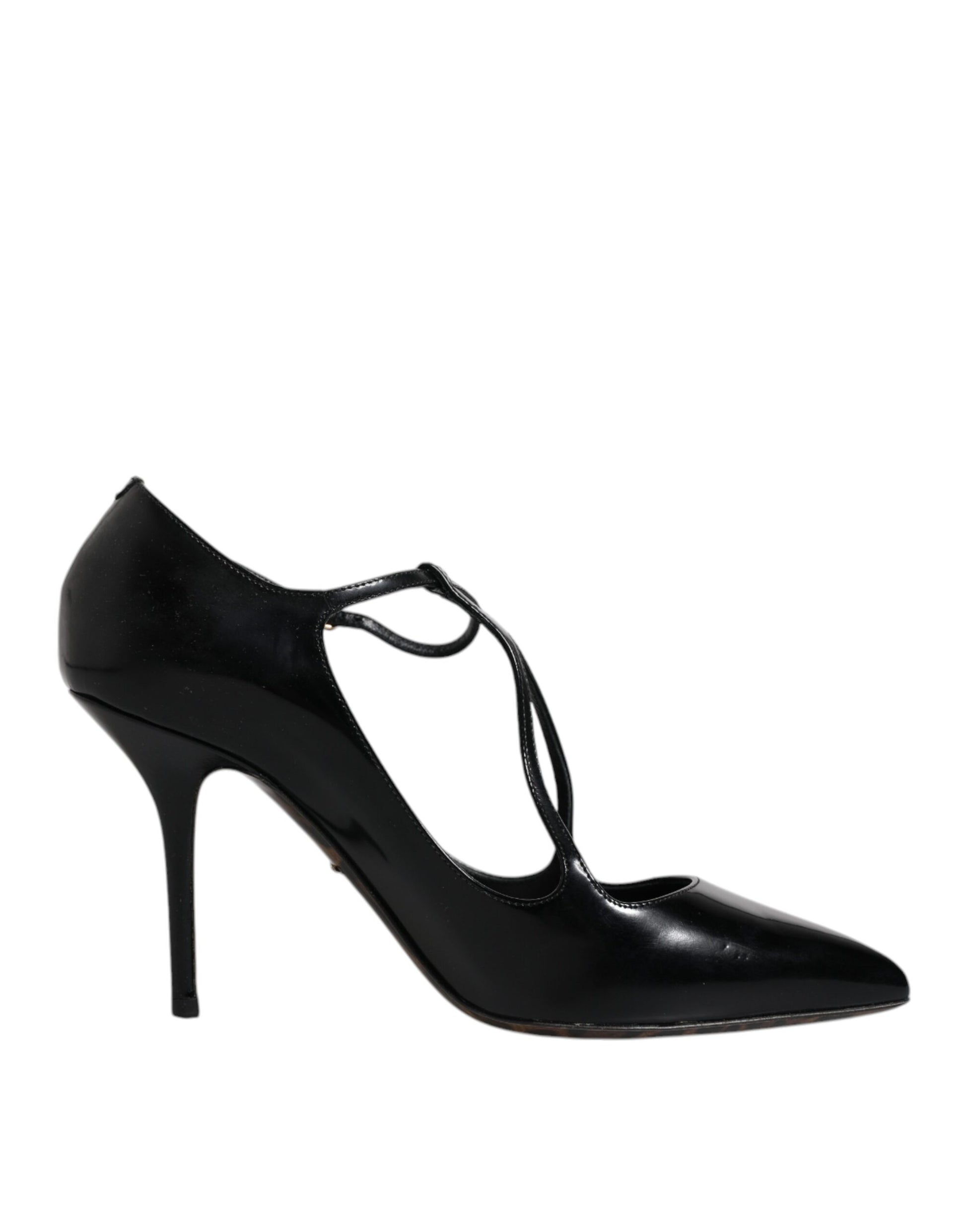 Schwarze Lederschuhe mit T-Riemen und Stilettoabsatz