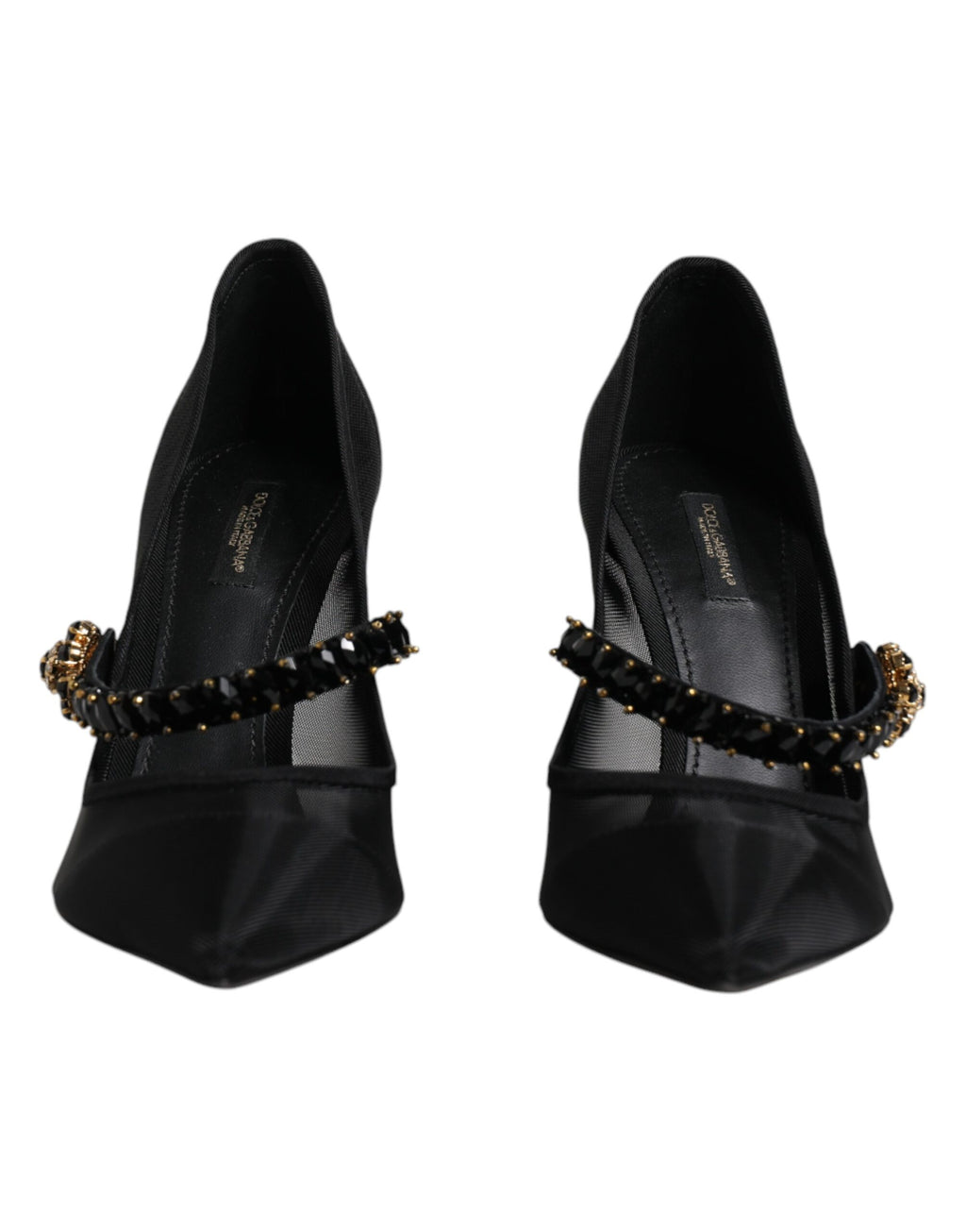 Schwarze Mary-Jane-Pumps aus Netzstoff mit Kristallabsatz