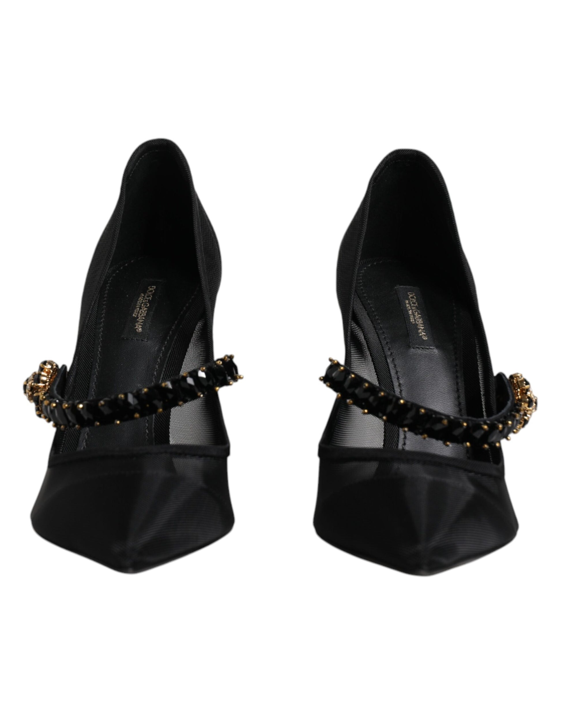 Schwarze Mary-Jane-Pumps aus Netzstoff mit Kristallabsatz