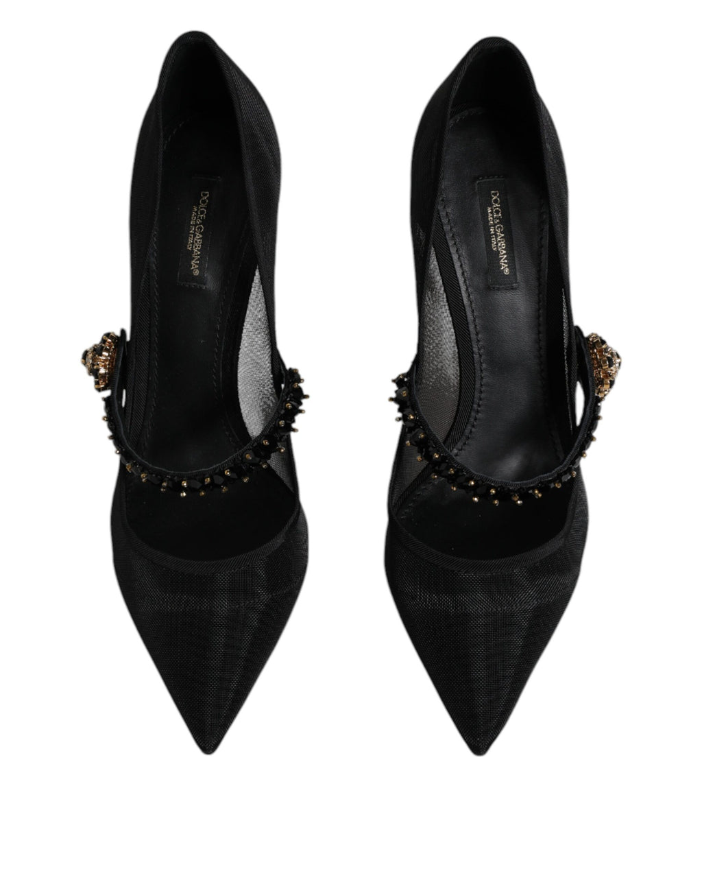 Schwarze Mary-Jane-Pumps aus Netzstoff mit Kristallabsatz