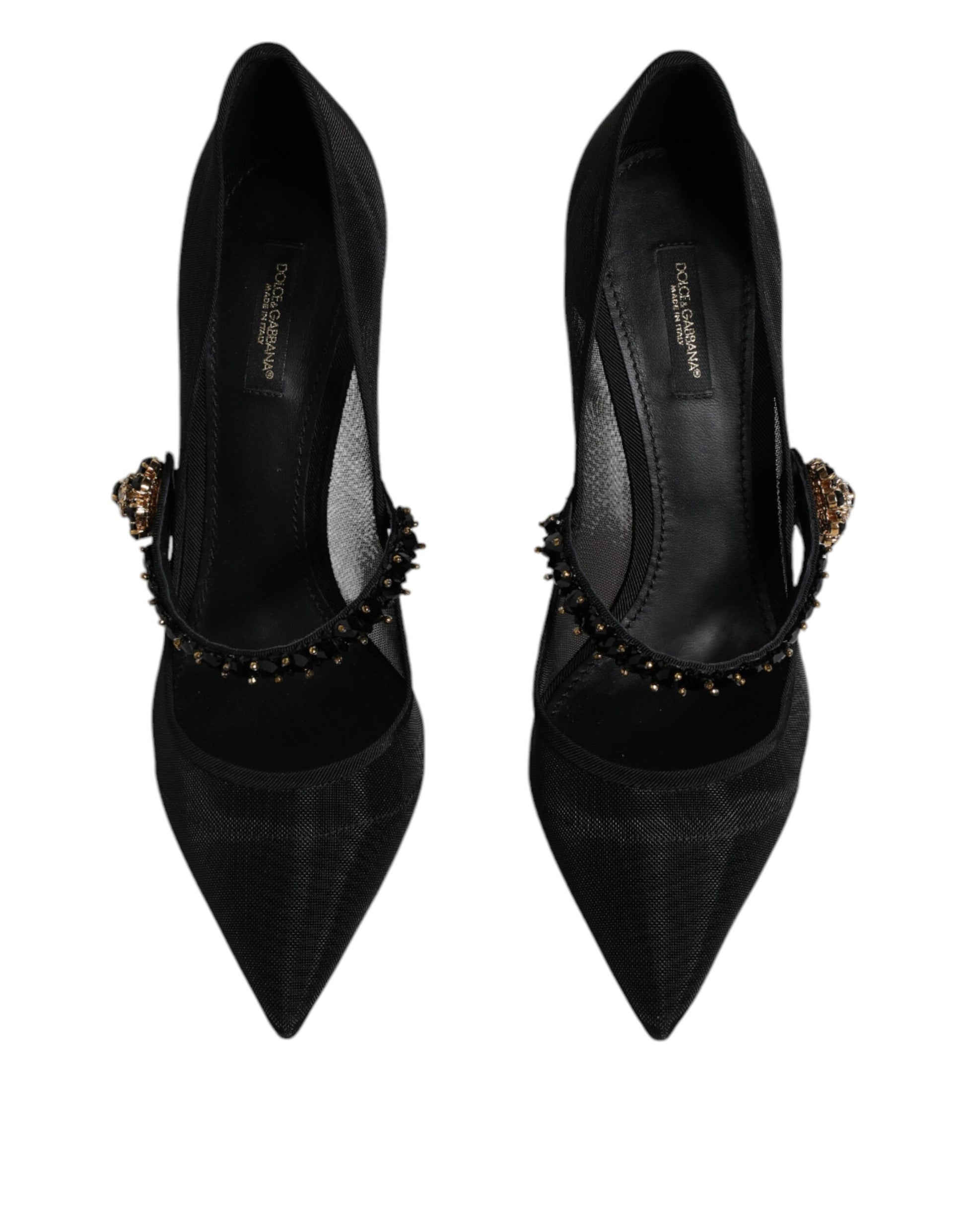 Schwarze Mary-Jane-Pumps aus Netzstoff mit Kristallabsatz