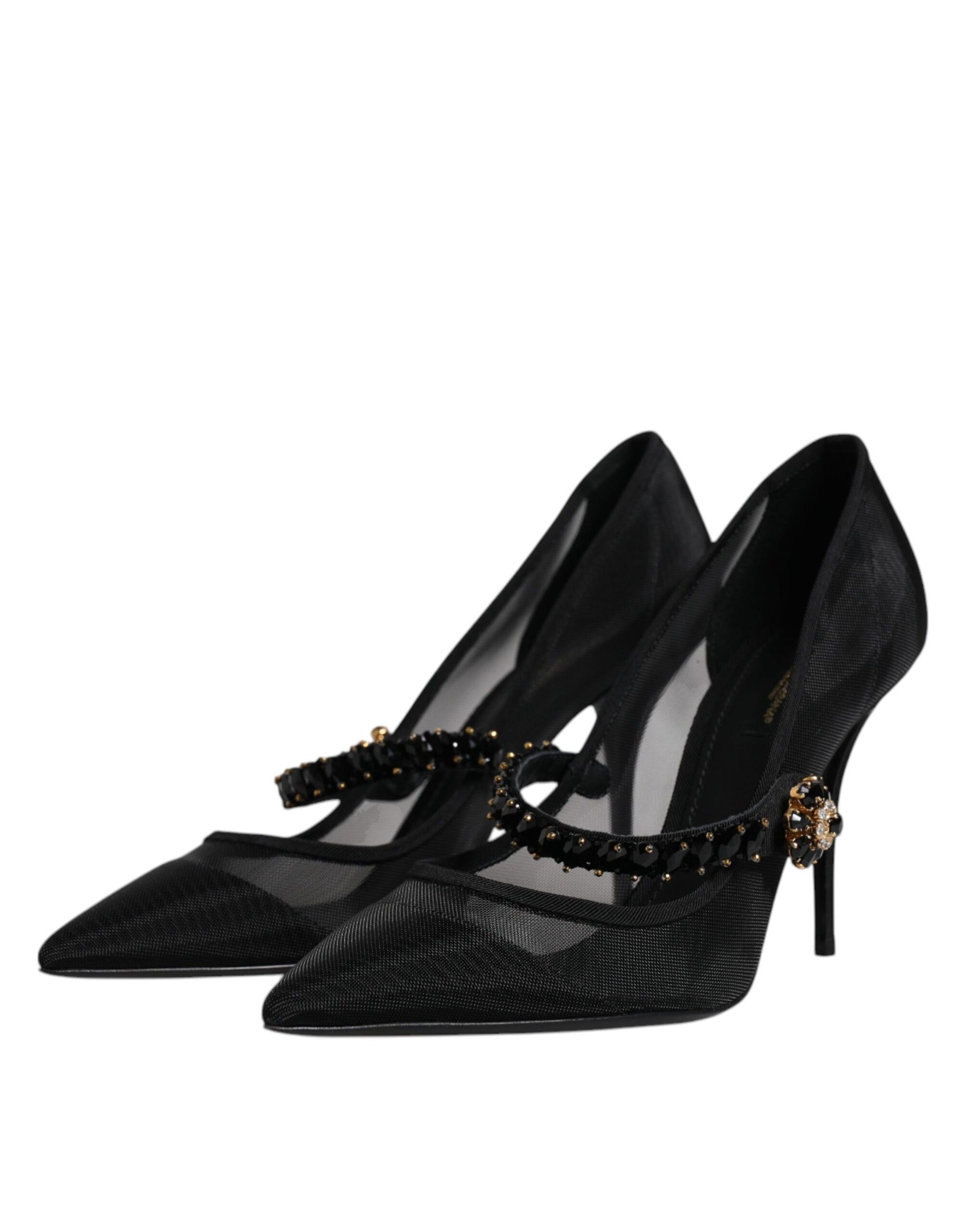 Schwarze Mary-Jane-Pumps aus Netzstoff mit Kristallabsatz
