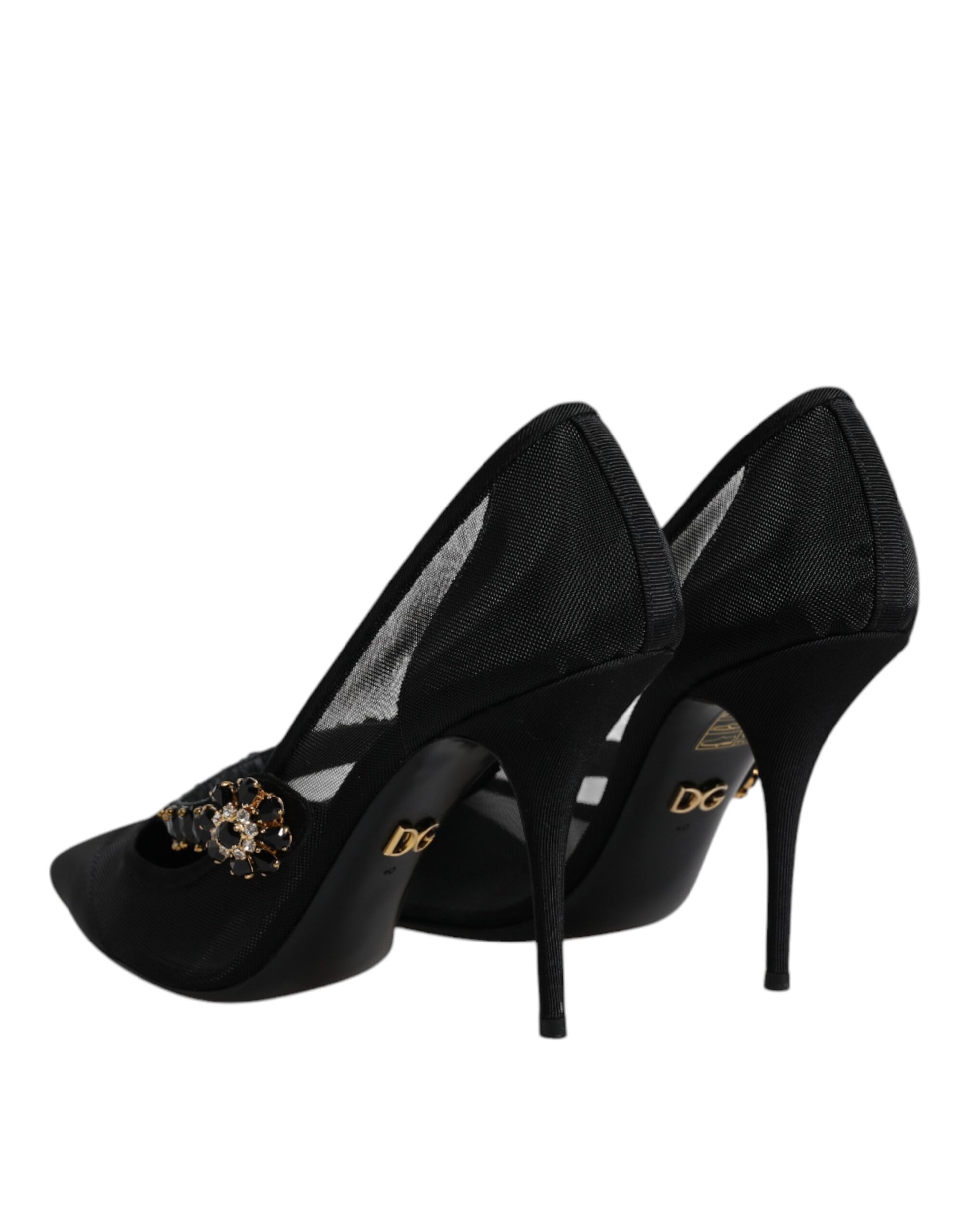 Schwarze Mary-Jane-Pumps aus Netzstoff mit Kristallabsatz