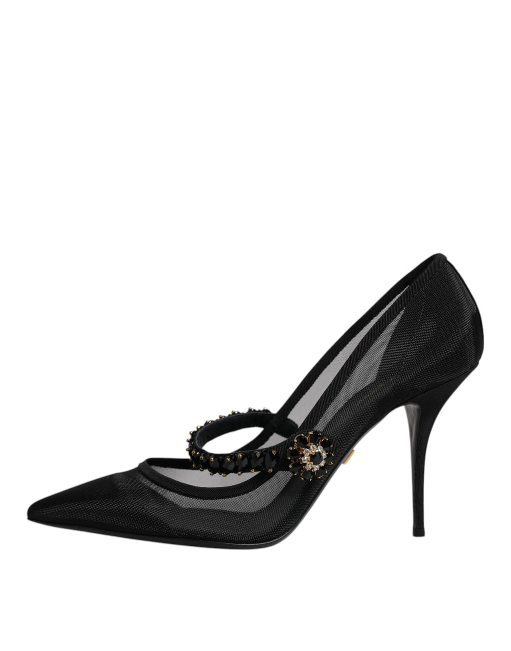 Schwarze Mary-Jane-Pumps aus Netzstoff mit Kristallabsatz