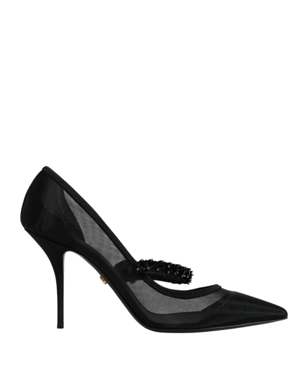 Schwarze Mary-Jane-Pumps aus Netzstoff mit Kristallabsatz