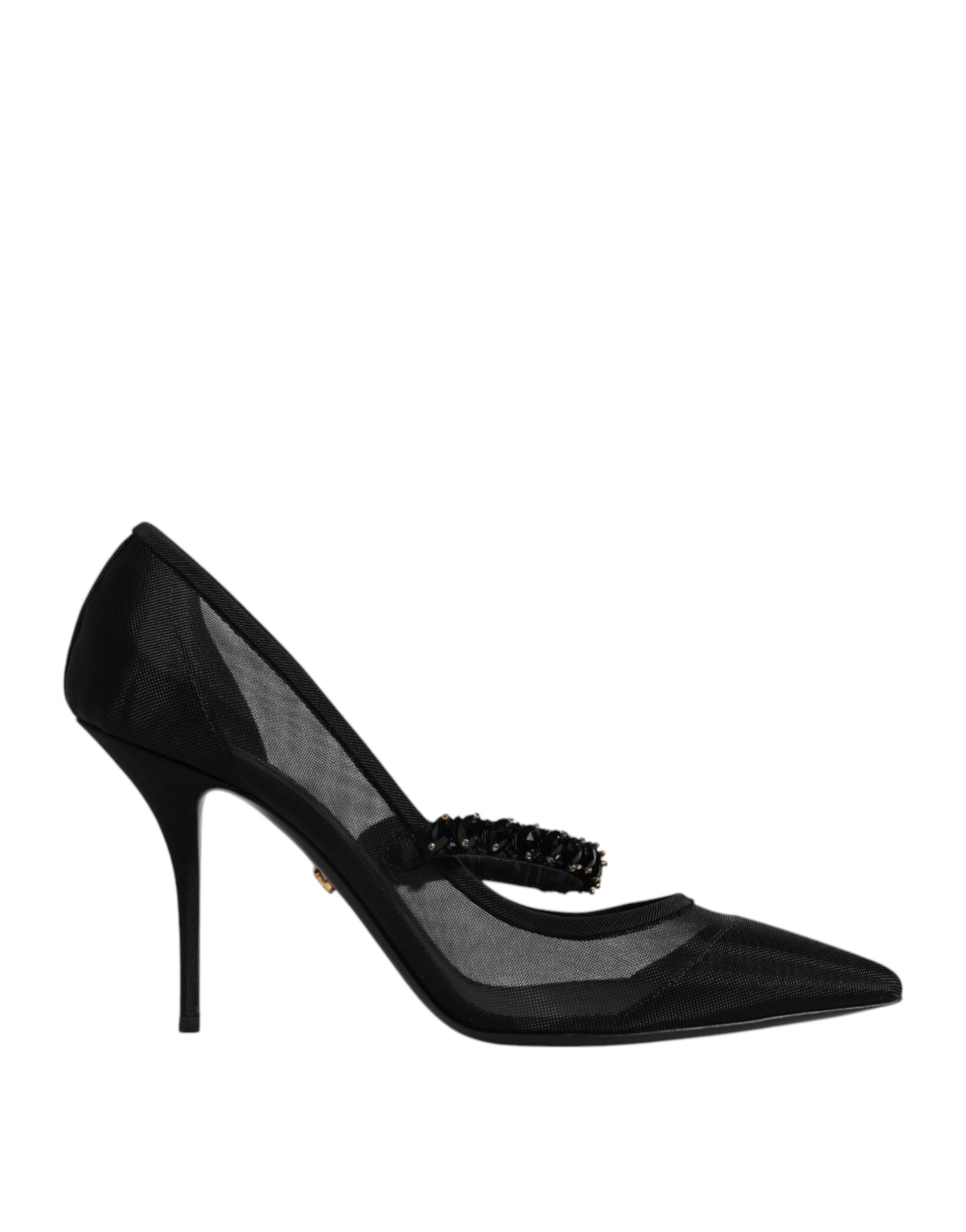 Schwarze Mary-Jane-Pumps aus Netzstoff mit Kristallabsatz