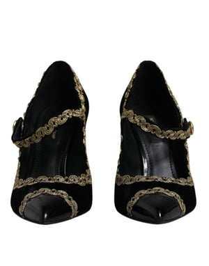 Schwarze Mary Janes Pumps aus Samt in Gold
