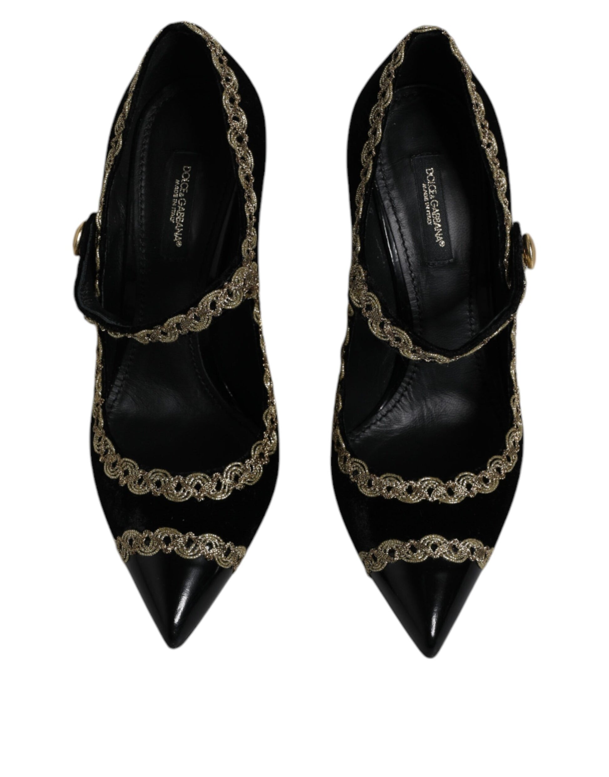 Schwarze Mary Janes Pumps aus Samt in Gold