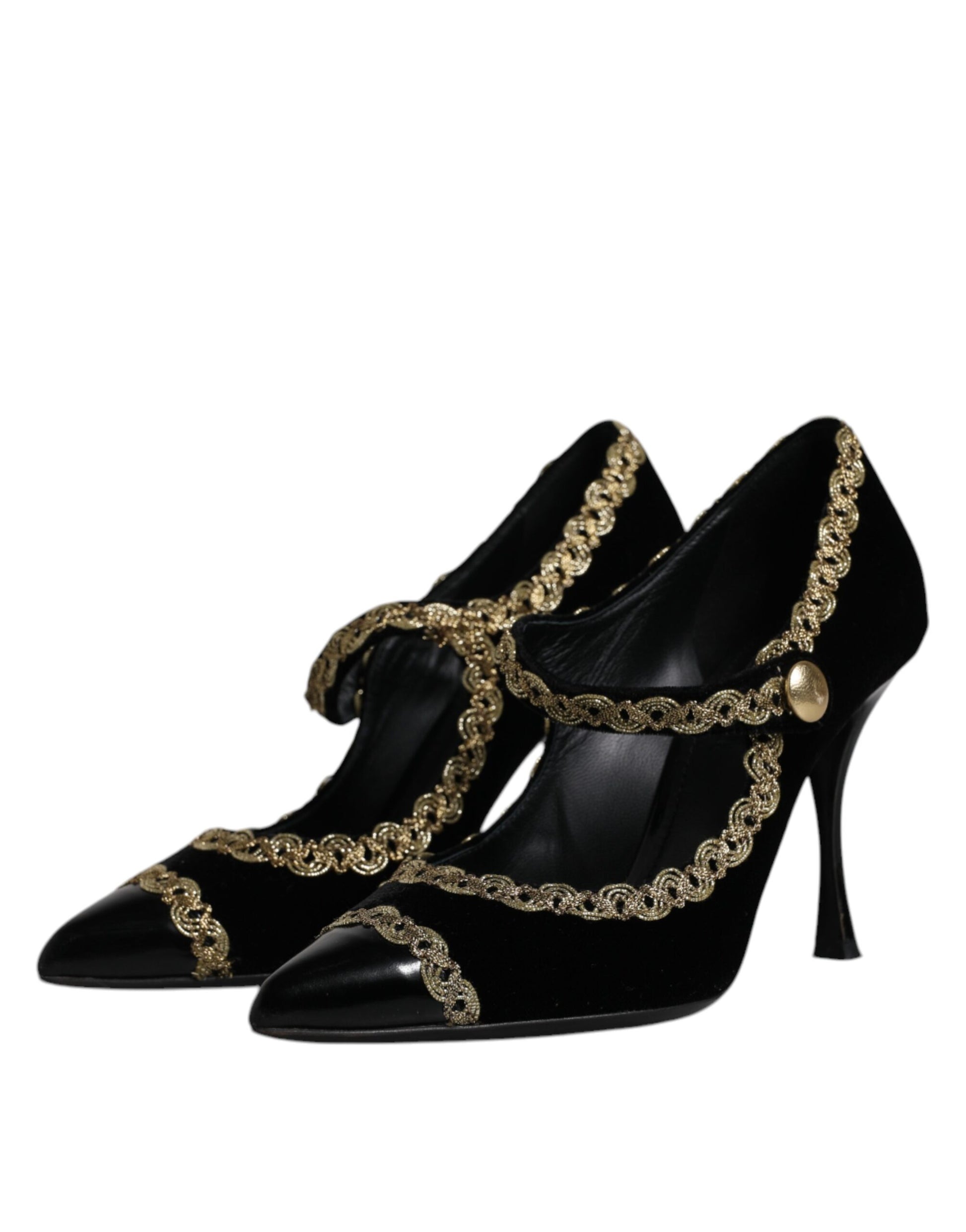 Schwarze Mary Janes Pumps aus Samt in Gold