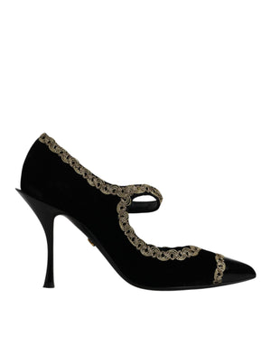 Schwarze Mary Janes Pumps aus Samt in Gold