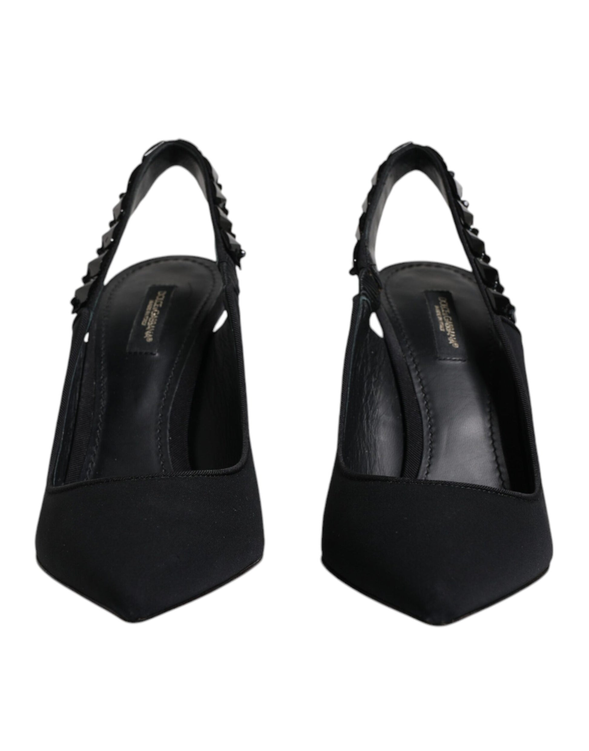 Schwarze, verzierte Charmeuse-Slingback-Schuhe