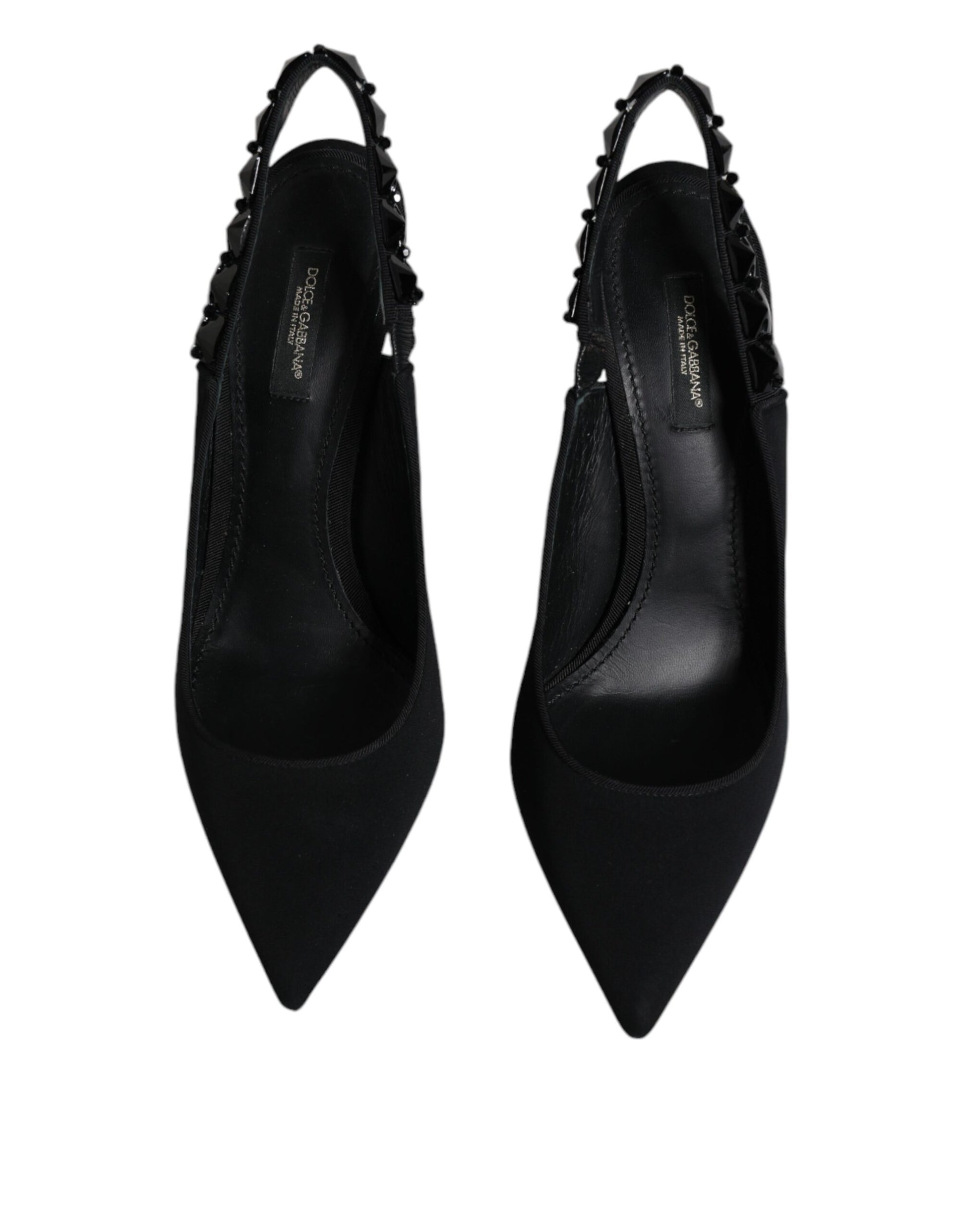 Schwarze, verzierte Charmeuse-Slingback-Schuhe