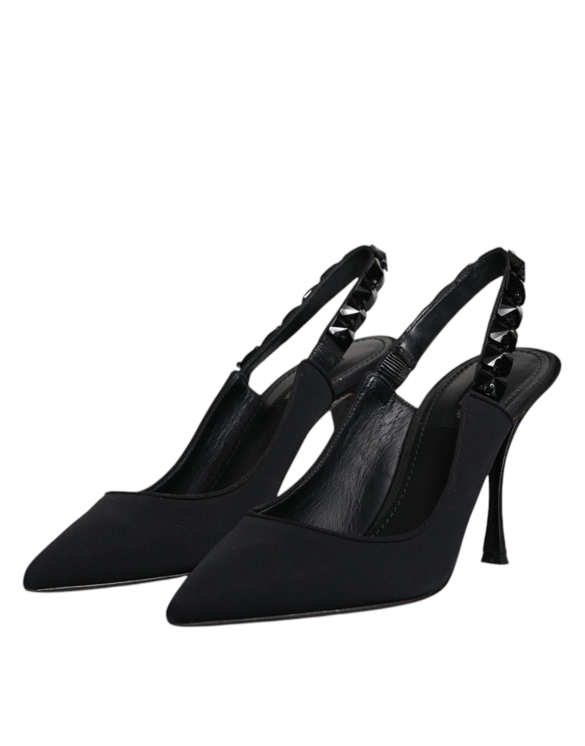 Schwarze, verzierte Charmeuse-Slingback-Schuhe
