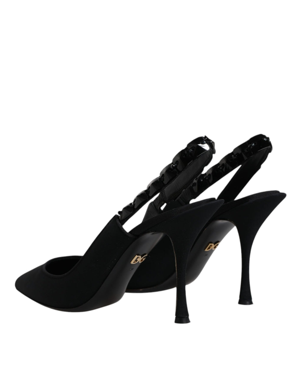 Schwarze, verzierte Charmeuse-Slingback-Schuhe