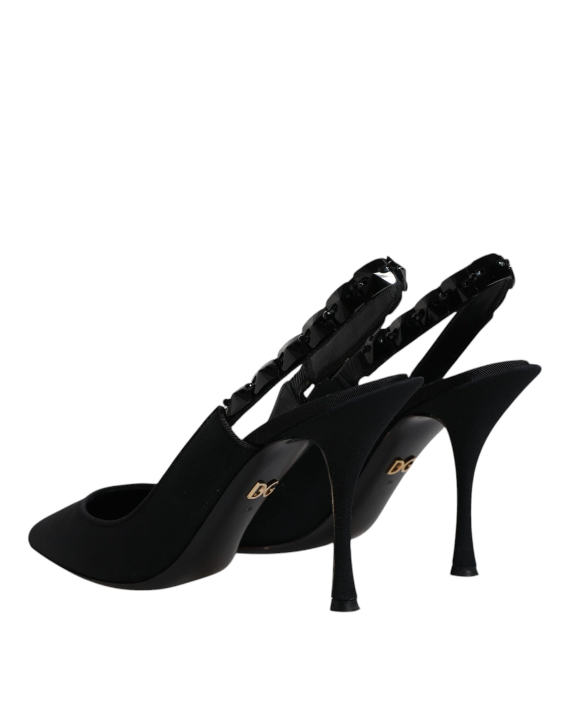 Schwarze, verzierte Charmeuse-Slingback-Schuhe